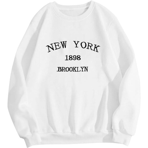 ⚡Women White New York 1898 Imported Graphic Crewneck Long Sleeve Sweatshirt - Picture 1 of 5
